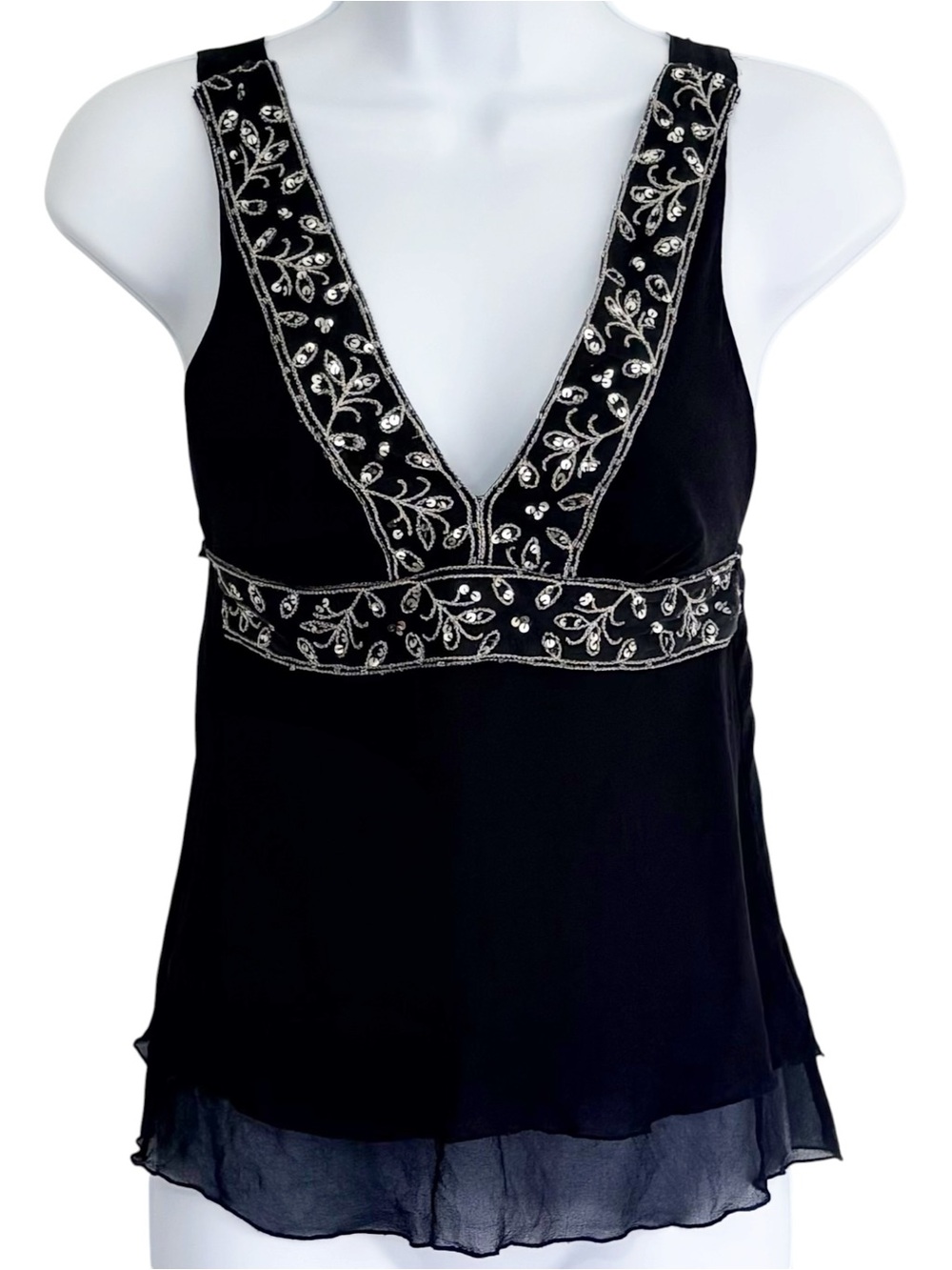 XXI Y2K 100% Silk Beaded Sequin Embroidered V-Neck Fairy Top Small
